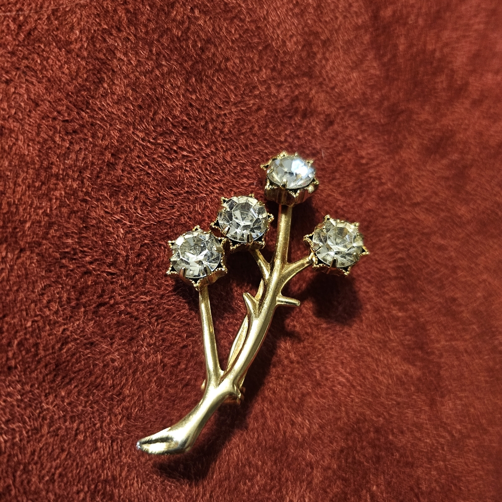 Vintage Branch Floral Clear Rhinestones Brooch Faux Diamonds 1.75" X 1" Goldtone